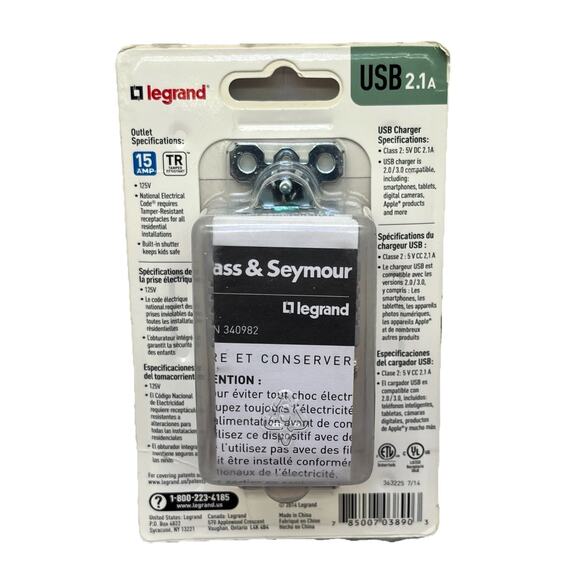 LeGrand 2 USB 2.1A Chargers + 1 Outlet, Black, 125V. {106}. - Picture 2 of 9